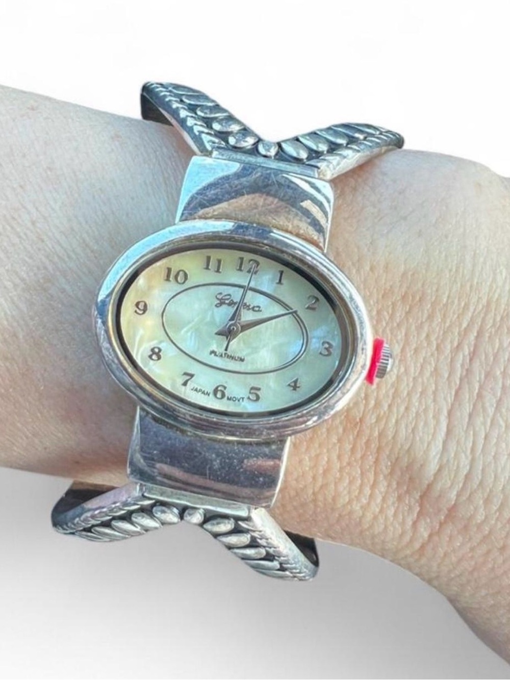 Geneva Silver-Tone Oval y2k Women's Watch with Mother-of-Pearl Dial